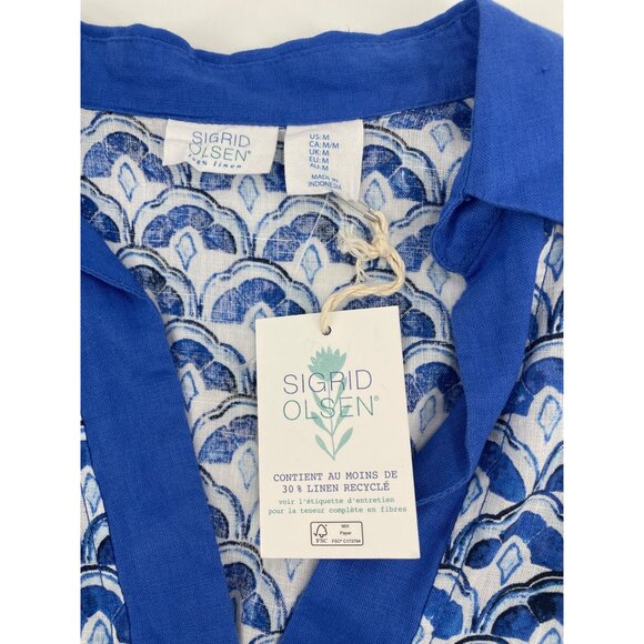 NWT Sigrid Olsen Womens Medium Blue White Linen Top Scallop Print Coastal Preppy - Picture 3 of 7
